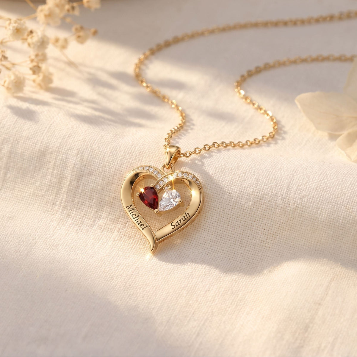 ZOË hartketting met namen en geboortestenen
