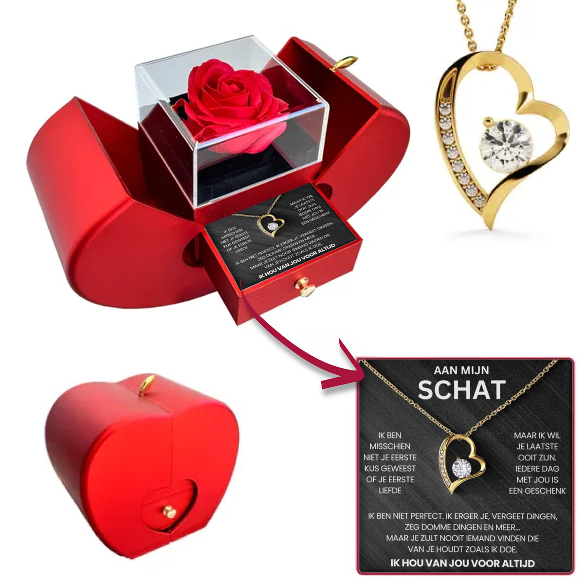 Rozenbox met een hartketting voor je schat